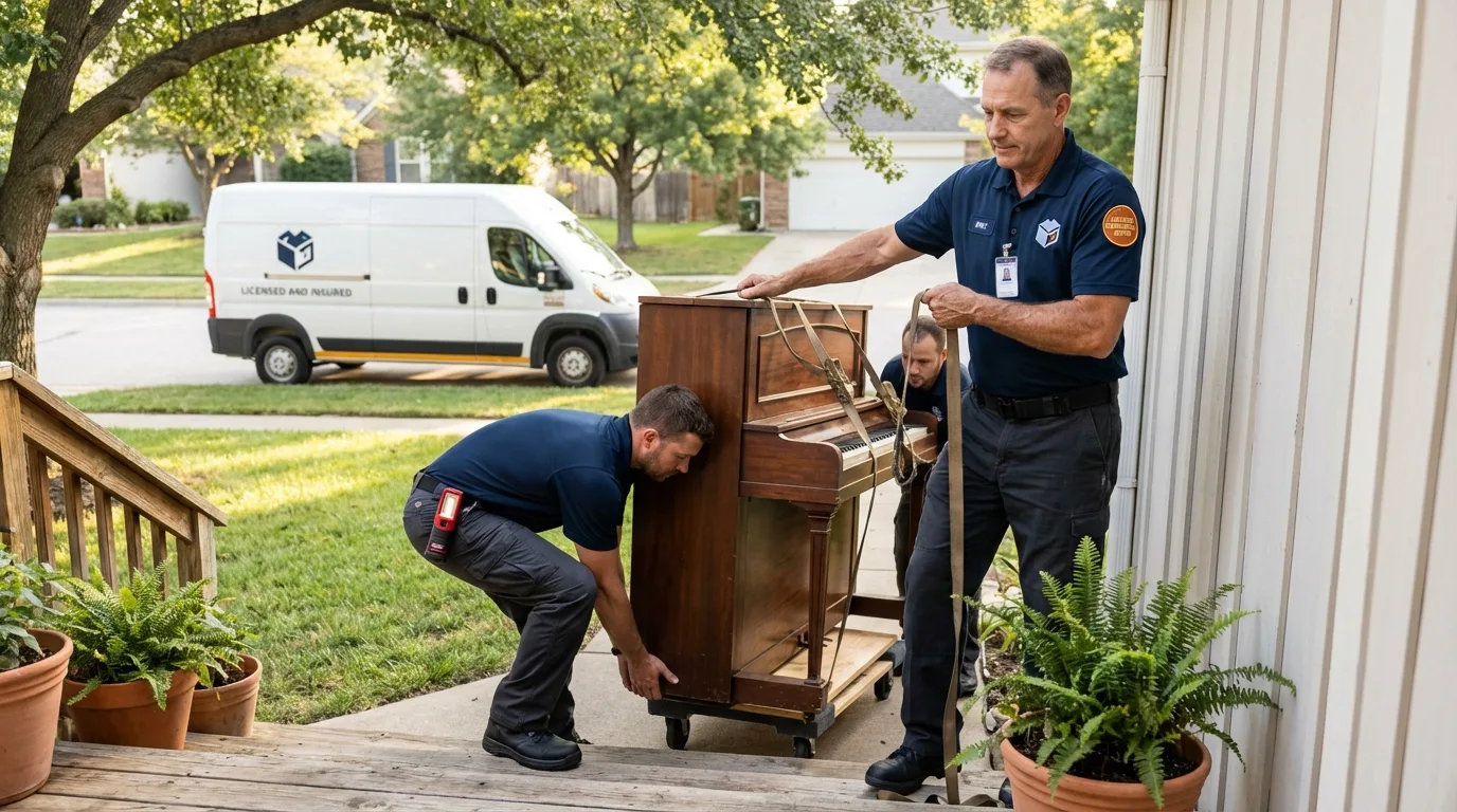 Licensed piano movers securing grand piano in Salina, KS