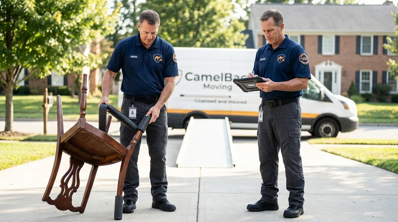 Movers inspecting furniture for damage prevention before loading in Salina, KS